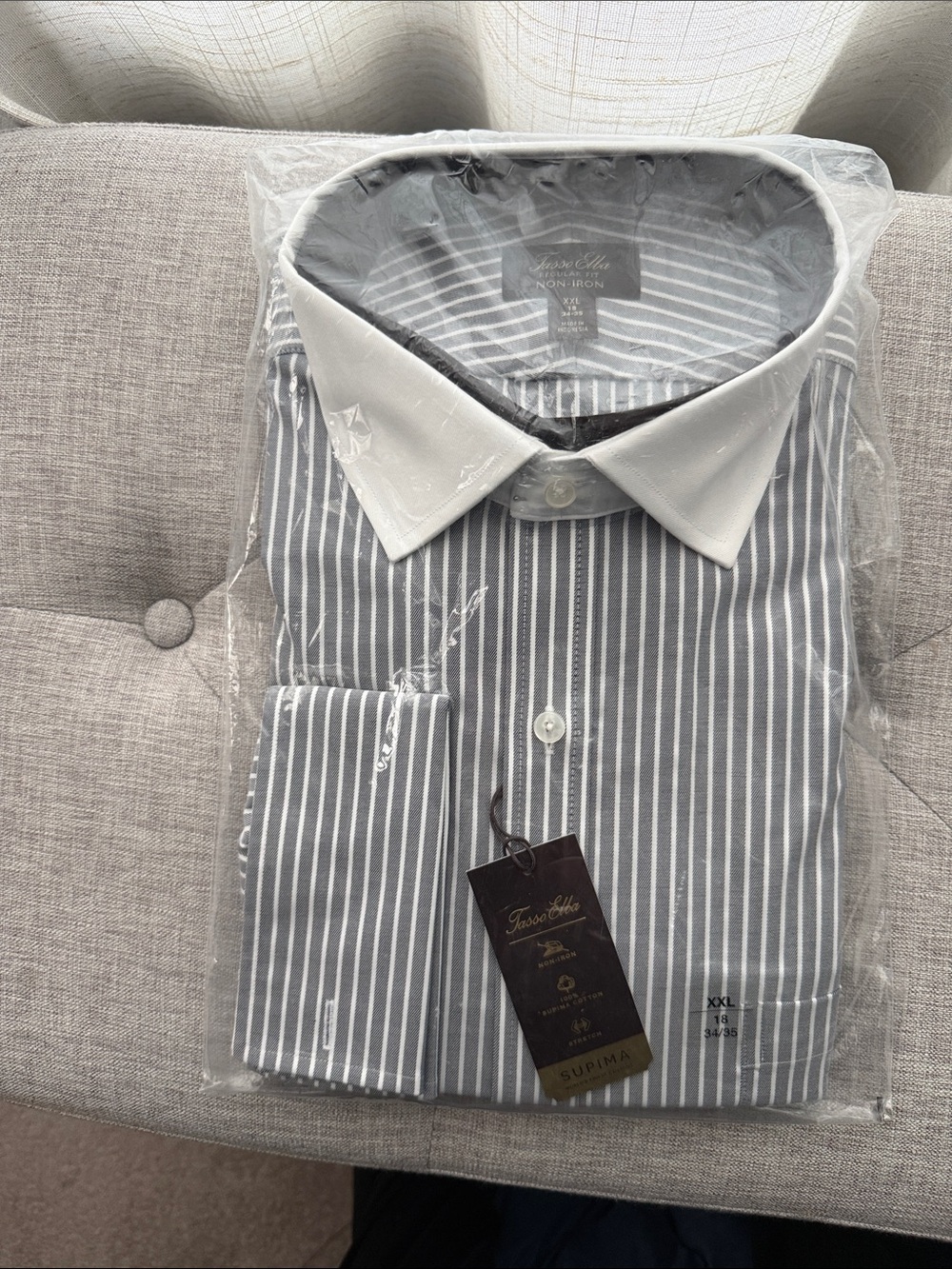 Tasso Elba Gray and White Stripe Dress Shirt with White Contrast Collar